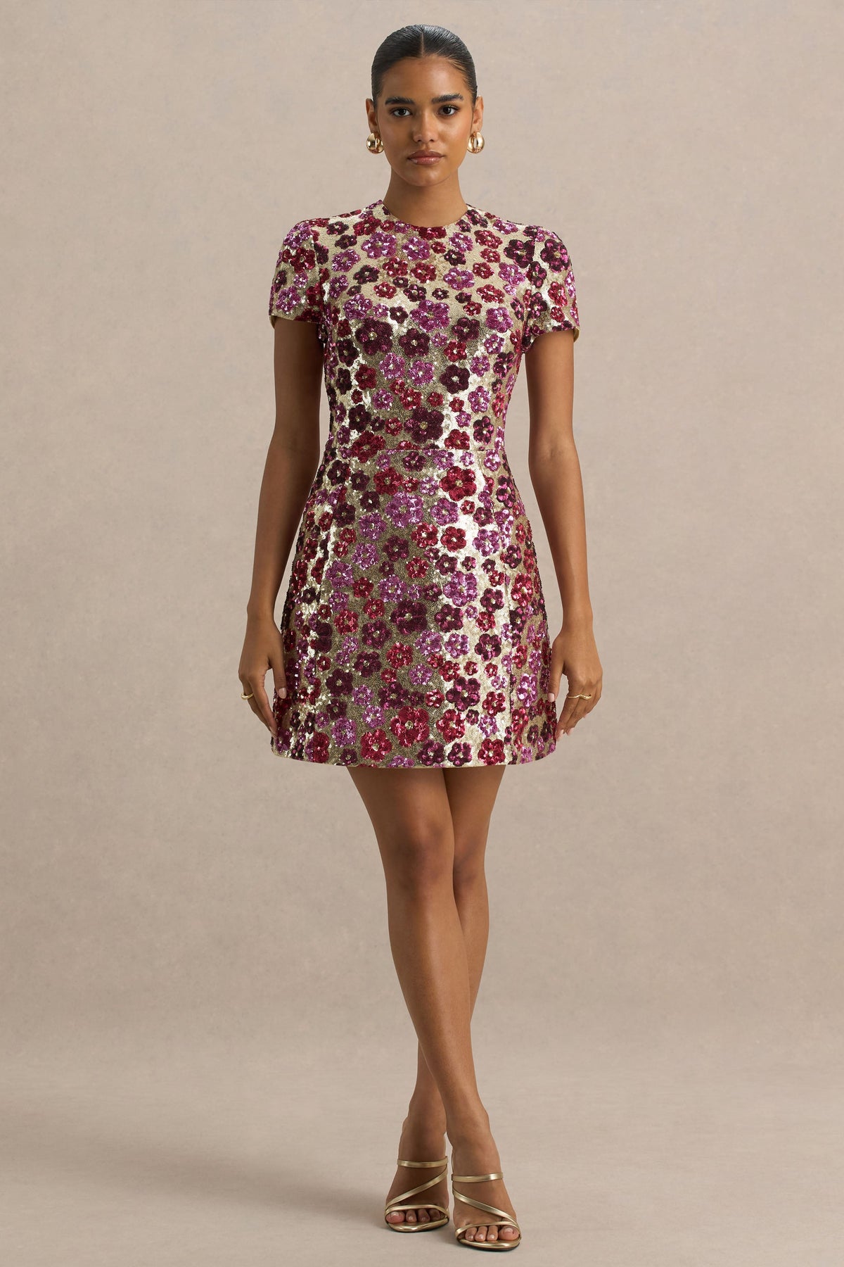 Eira | Pink Floral Sequin Crew-Neck Mini Dress