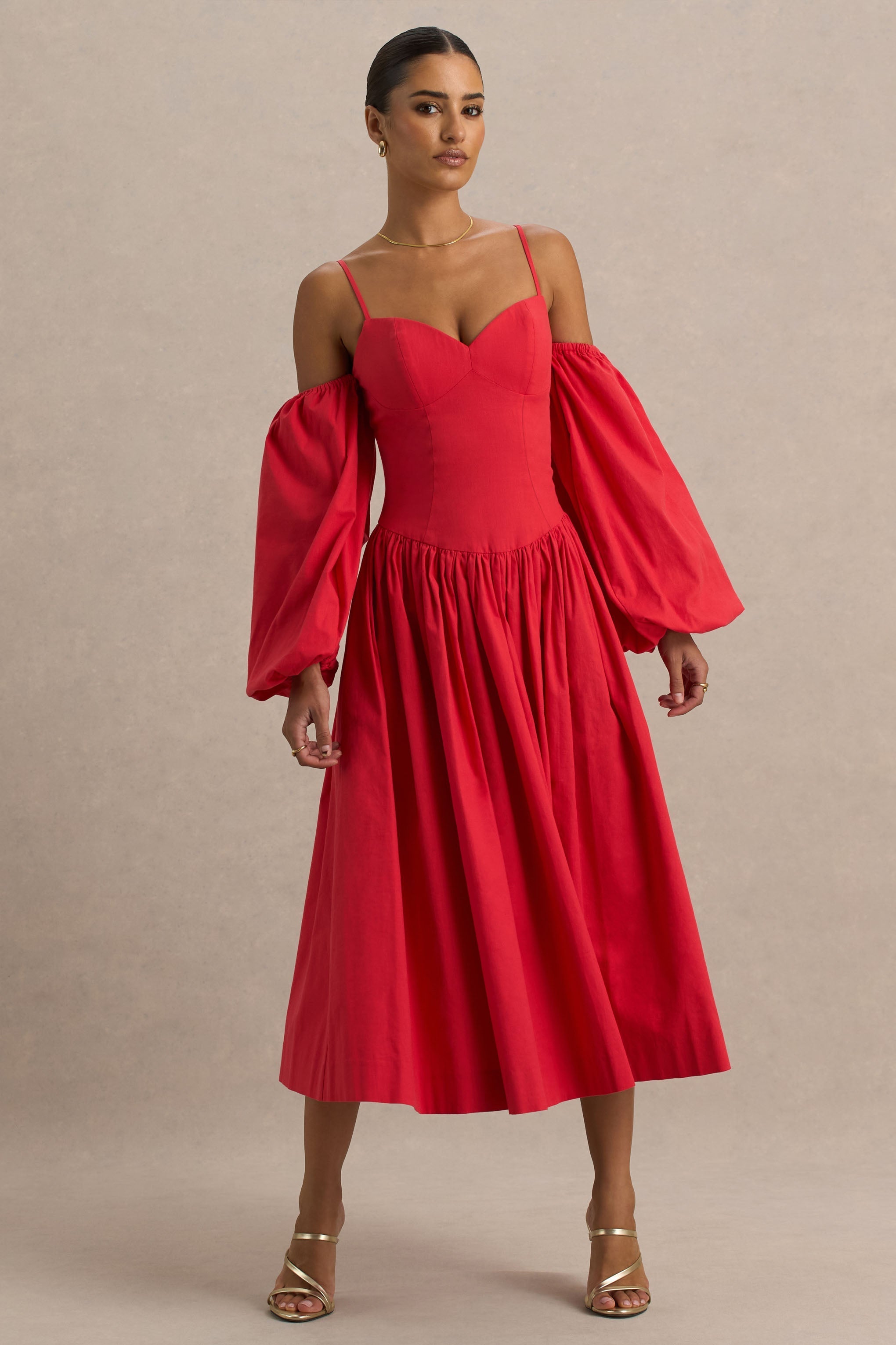 Macie | Red Sweetheart Midi Dress With Balloon Sleeves