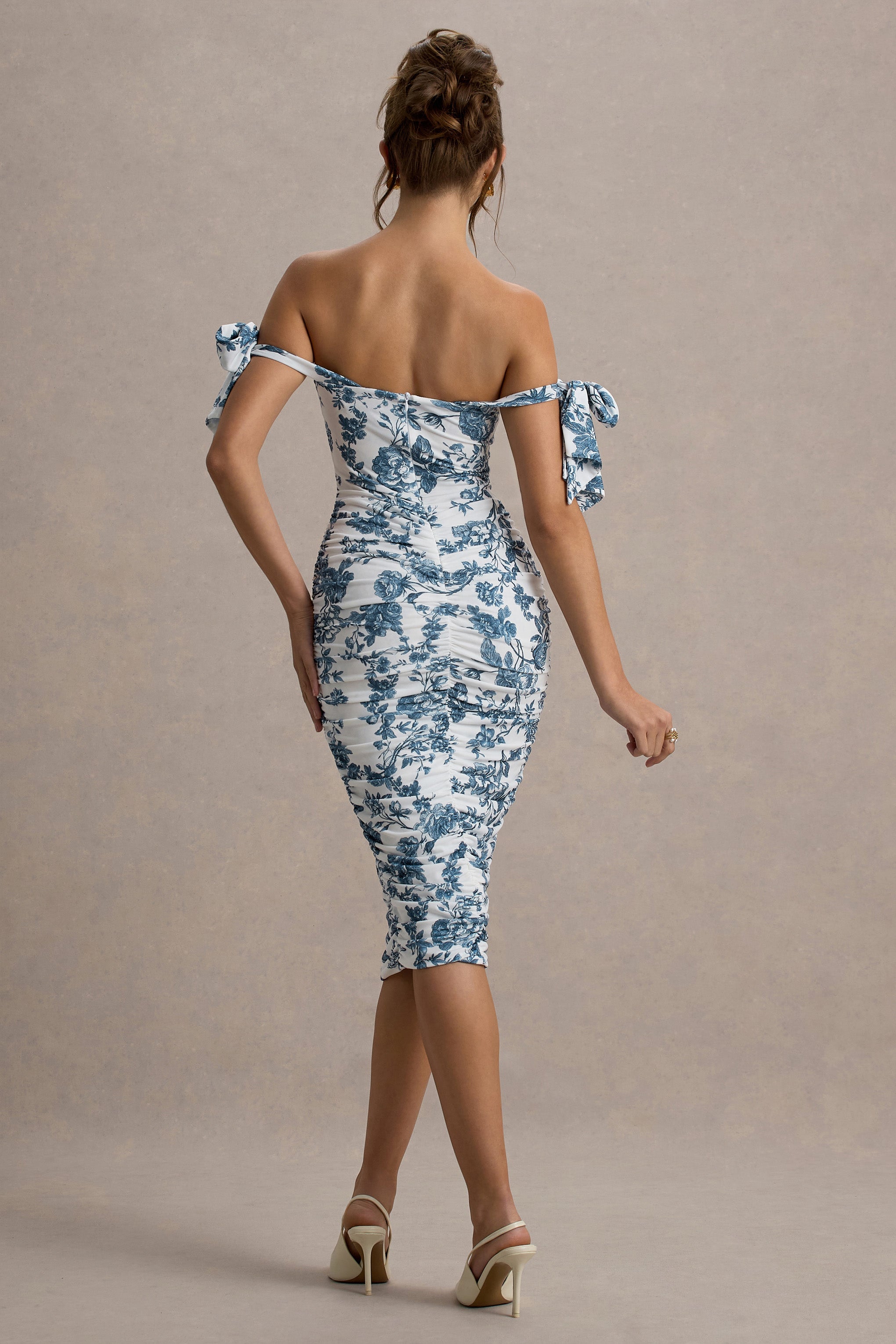 Citrus | Blue Porcelain Print Bardot Bodycon Midi Dress With Bow Sleeves