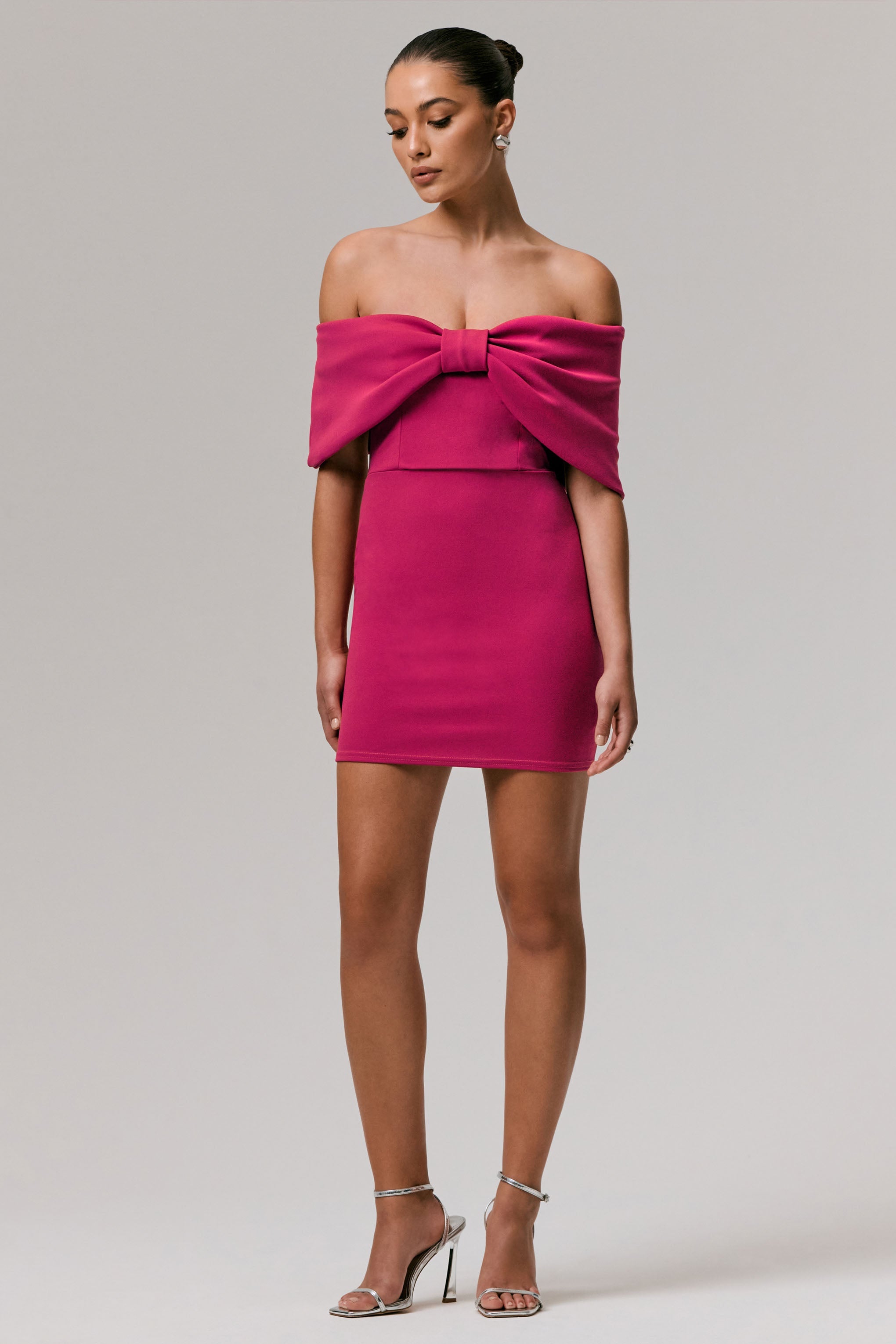 Sadie | Hot Pink Bow Bardot Mini Dress