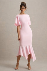 Ashling | Pink Flutter-Sleeve Hanky-Hem Midi Dress