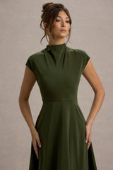 Velma | Olive Satin Midi Dress With Draped Hem