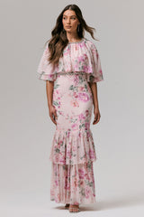Never Let Go | Pink Floral Print Chiffon Maxi Dress With Tiered Hem