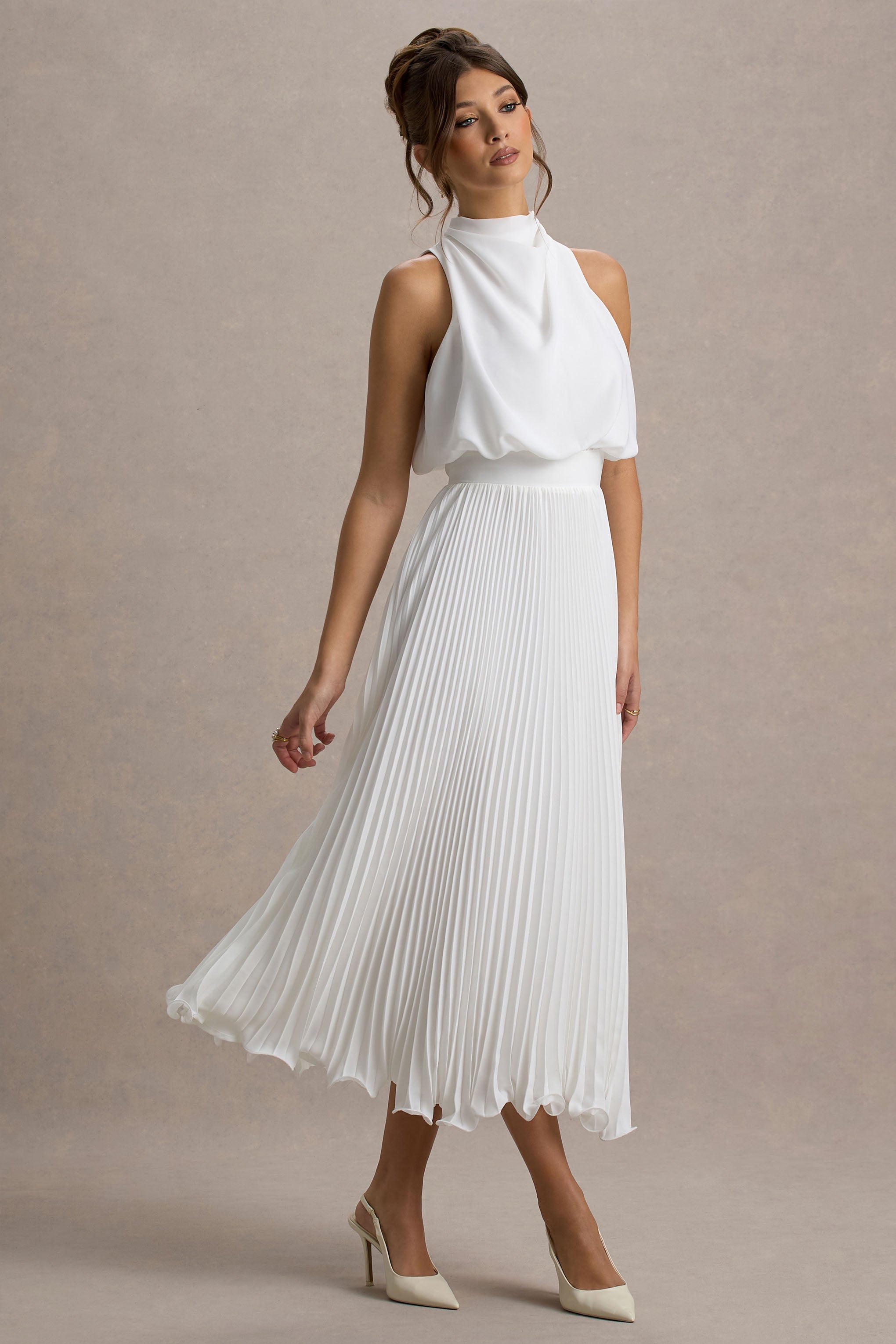 Nila | White Cowl-Neck Midi Dress With Plisse Skirt