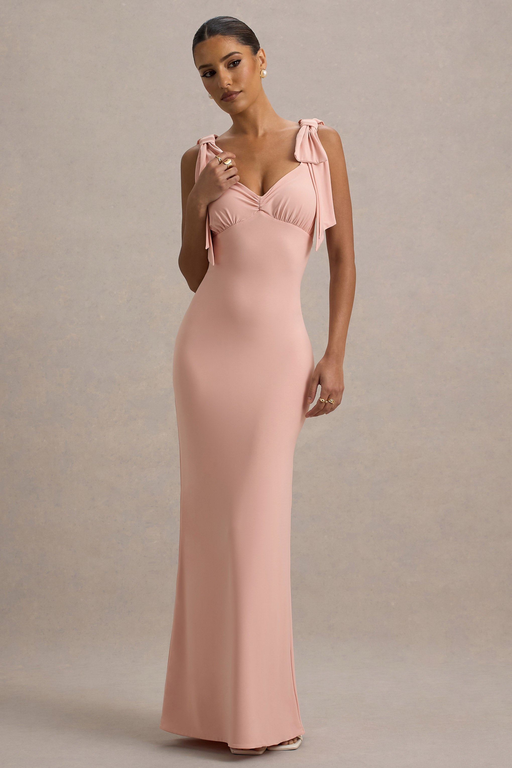 Evanna | Pink V-Neck Maxi Dress With Bow Straps