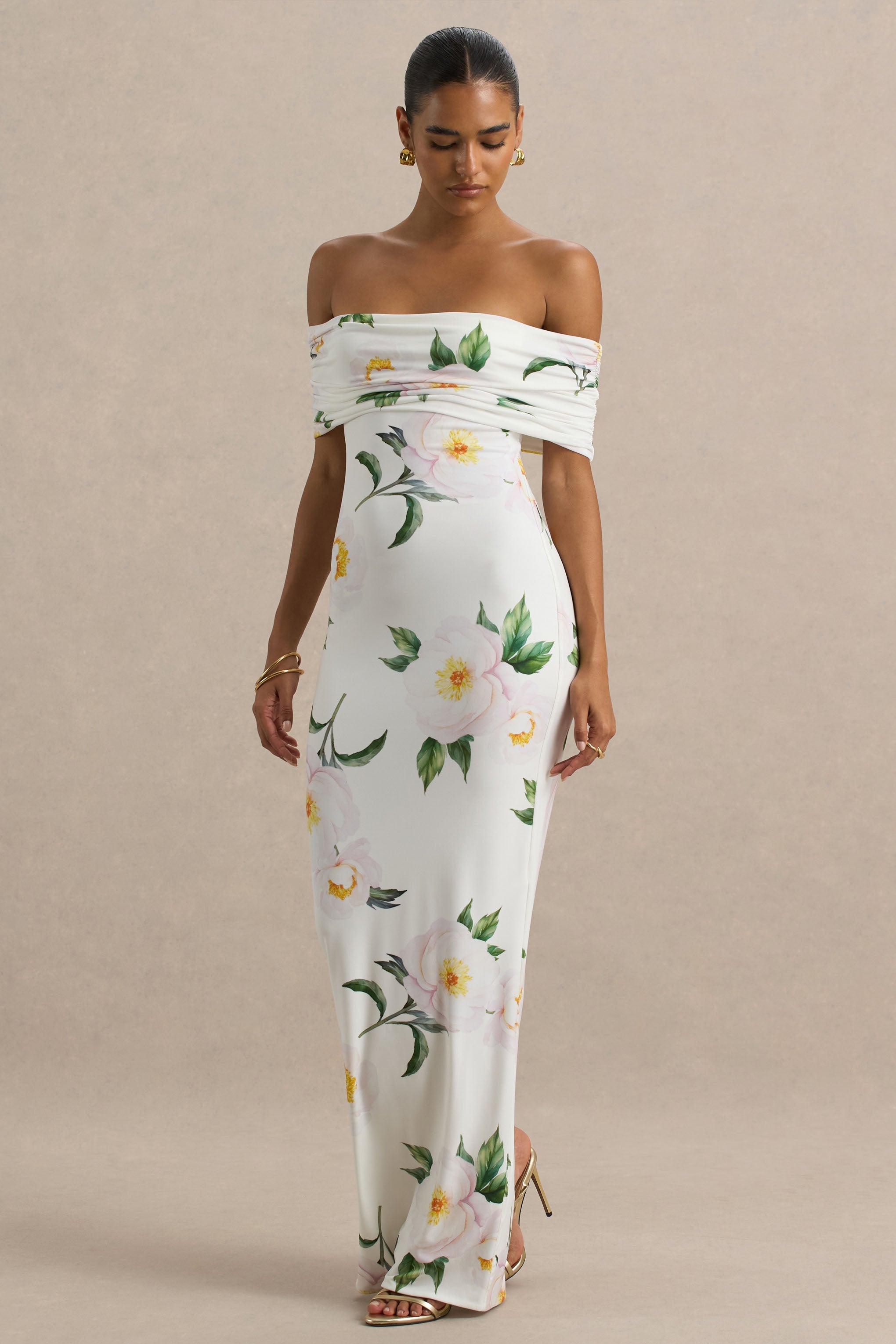 Capri | White Rose Print Bardot-Neck Maxi Dress With Ruched Detailing