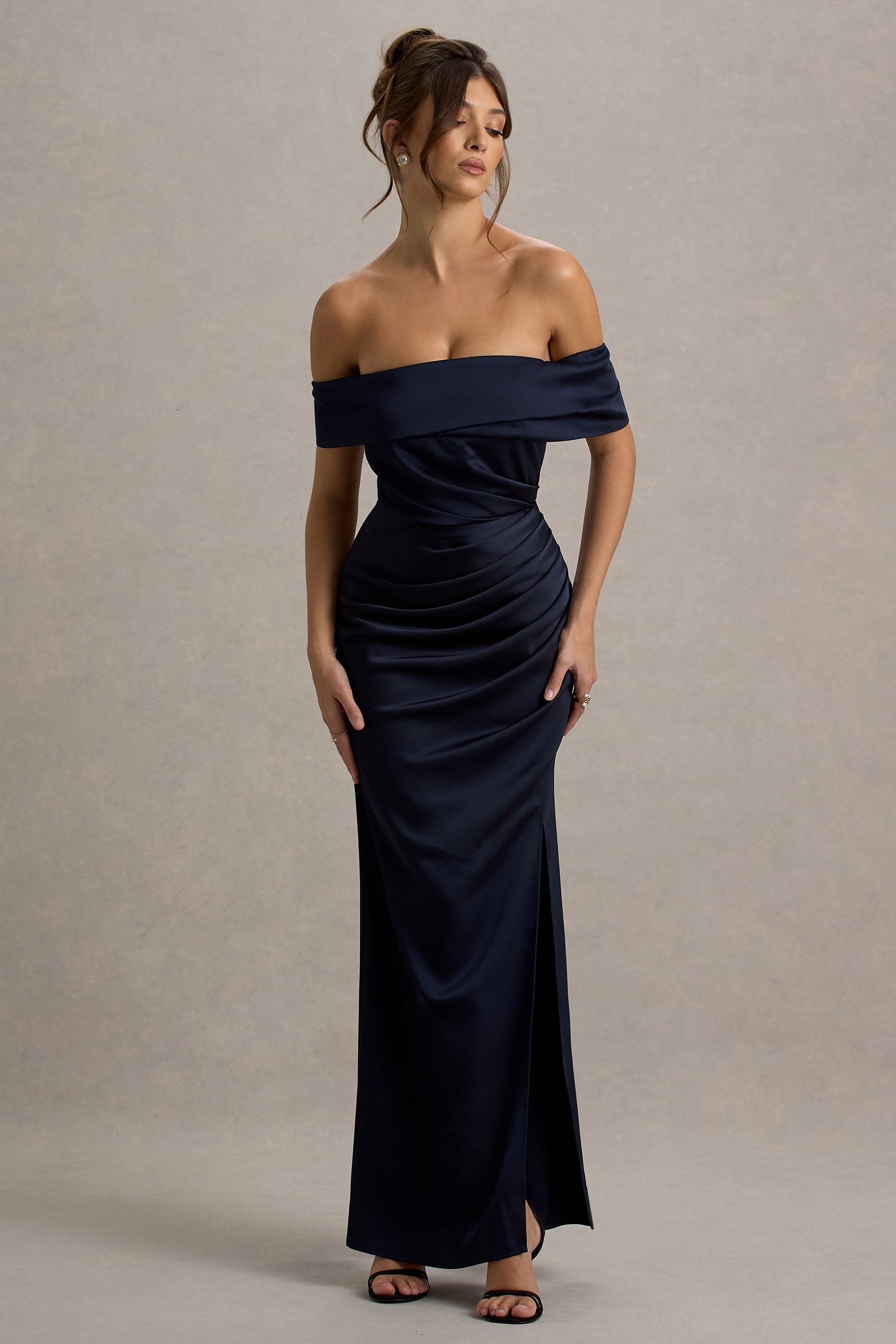 Martine | Navy Satin Bardot Wrap Maxi Dress