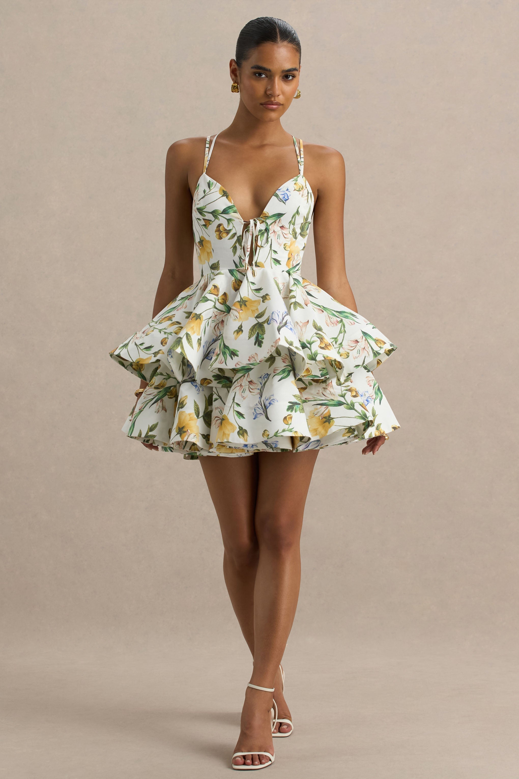 Flavia | White Botanical Print Linen Plunge-Neck Ruffled Skater Micro-Mini Dress