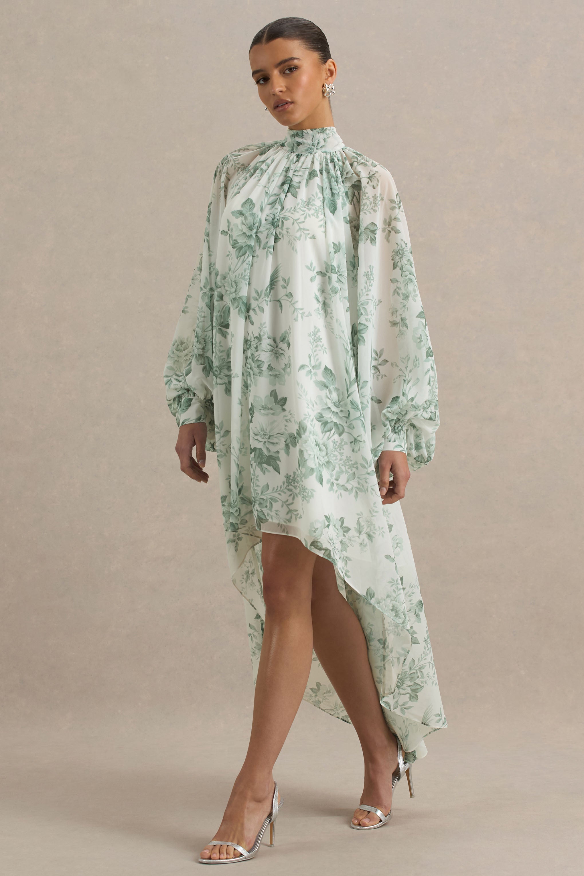 Delphia | Green Floral Print High-Neck Maxi Dress