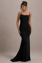 Adele | Black Ruched Fishtail Cami Maxi Dress