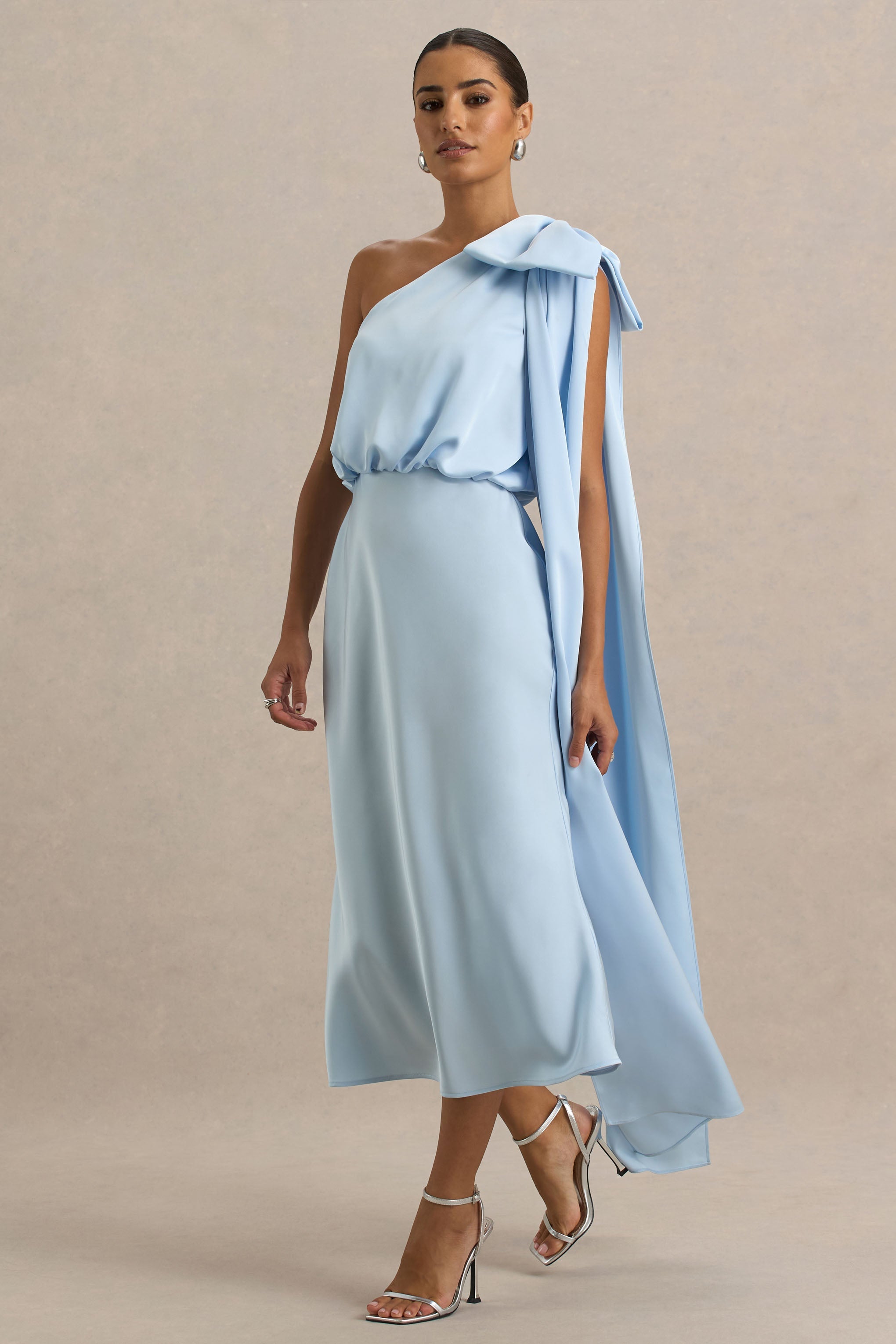 Celestia | Powder Blue Satin Asymmetric-Neck Midi Dress With Cape Detail