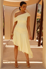 Lova | Lemon Ruched Asymmetric Maxi Dress With Ruffle Hem