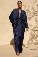 Tina | Navy Satin Plunge-Neck Embellished Maxi Dress