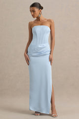 Joseline | Powder Blue Satin Corset Wrap Maxi Dress With Scarf