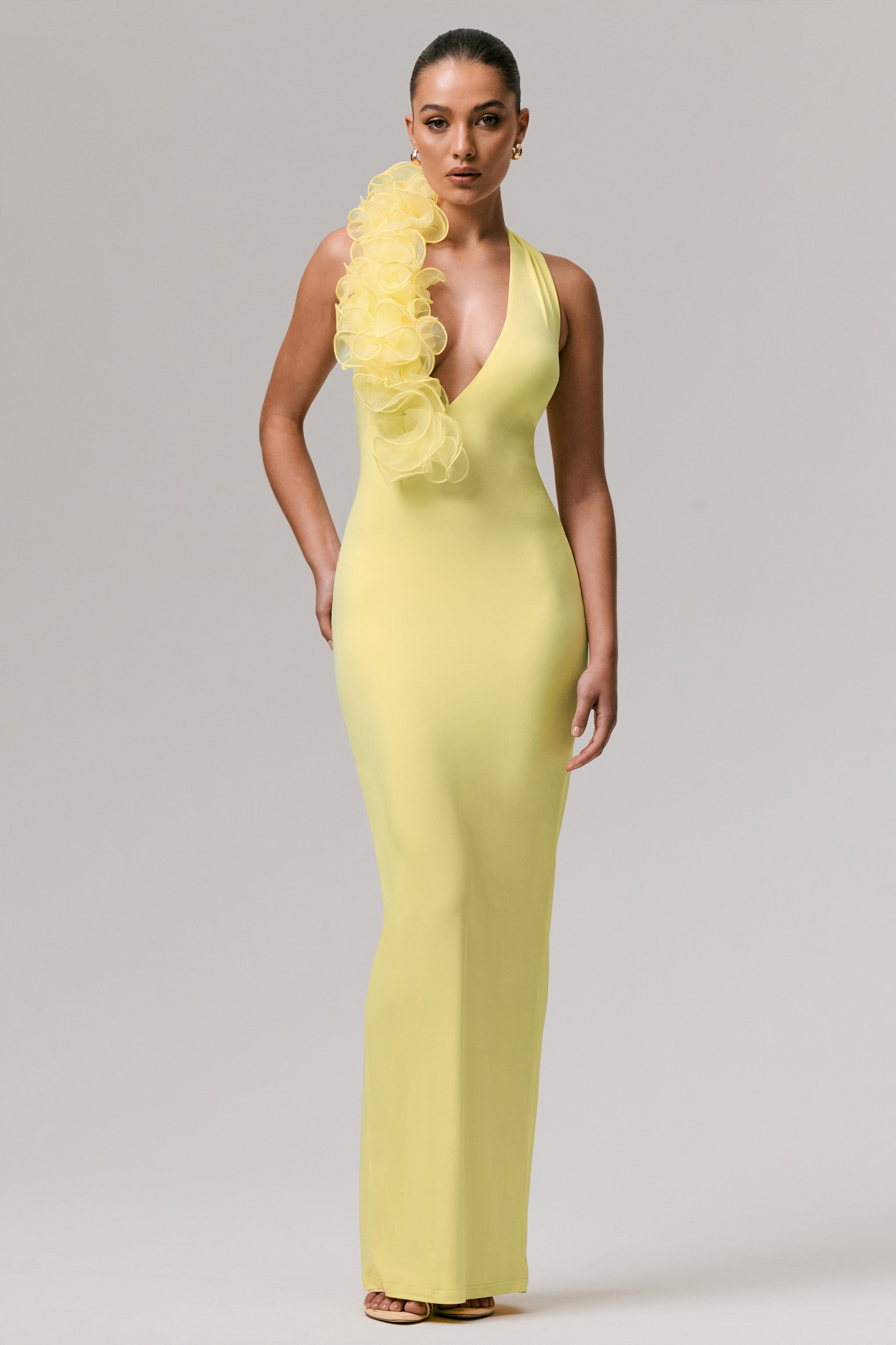 Harriet | Lemon Plunge-Neck Maxi Dress With Floral Detail