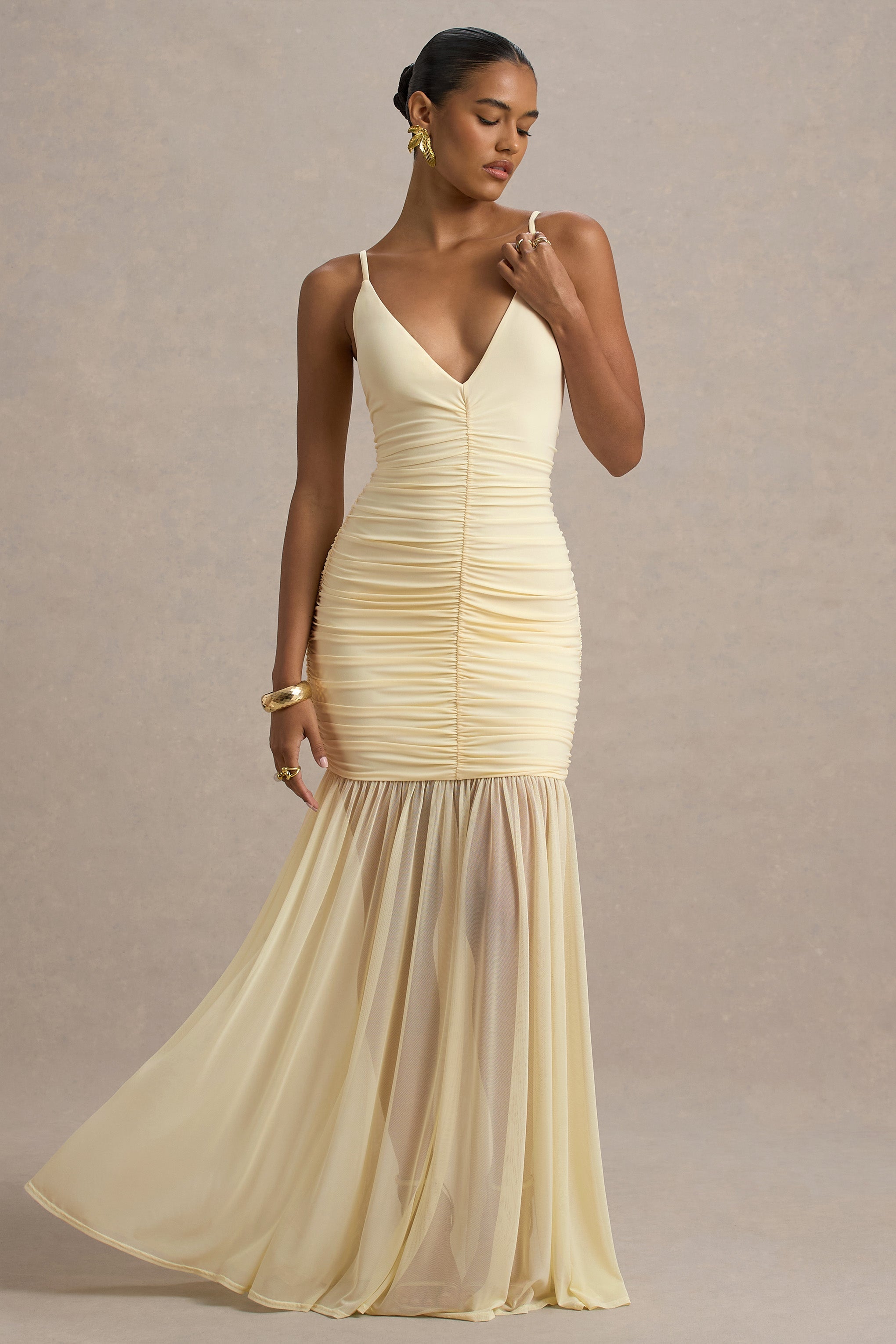 Pasqualina | Pale Lemon Ruched Plunge-Neck Maxi Dress