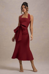 Aman | Berry Halter-Neck Midi Dress With Oversized Bow
