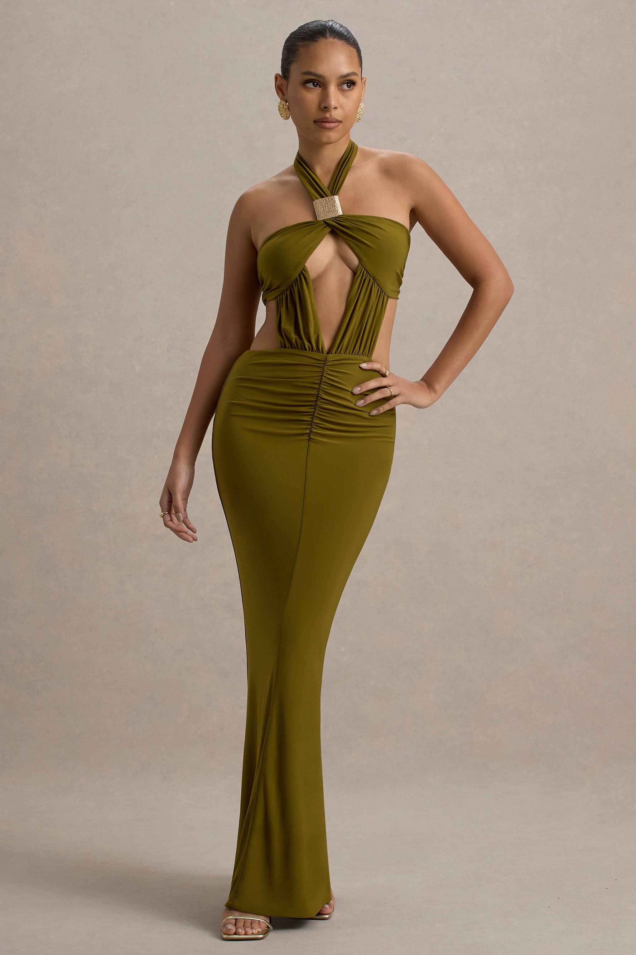Giuseppa | Green Halter-Neck Cut-Out Maxi Dress