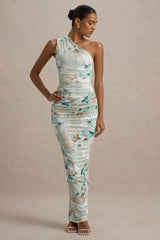 Dalarie | Green Floral Print One-Shoulder Gathered Maxi Dress