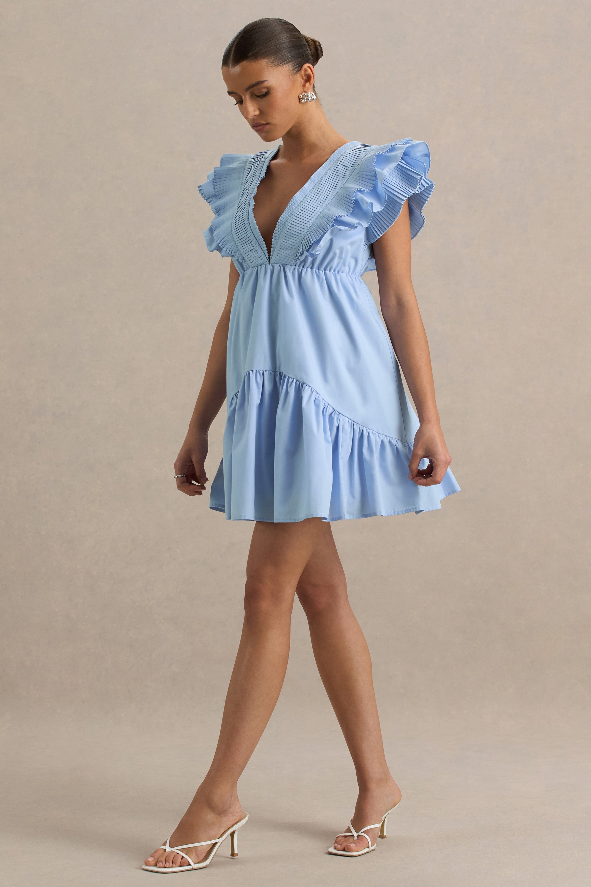 Judie | Blue Poplin V-Neck Ruffled Mini Dress