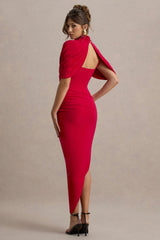 Enchant | Red Asymmetric Twisted Cape Midi Dress