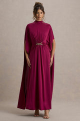 Olessia | Burgundy Belted Gathered Cape-Sleeve Maxi Dress