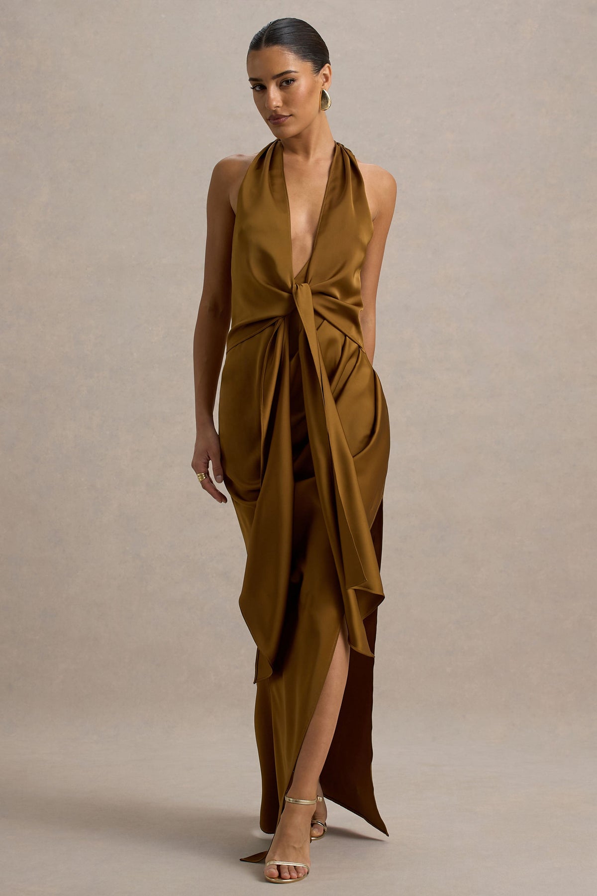 Lynette | Olive Satin Plunge-Neck Asymmetric Maxi Dress