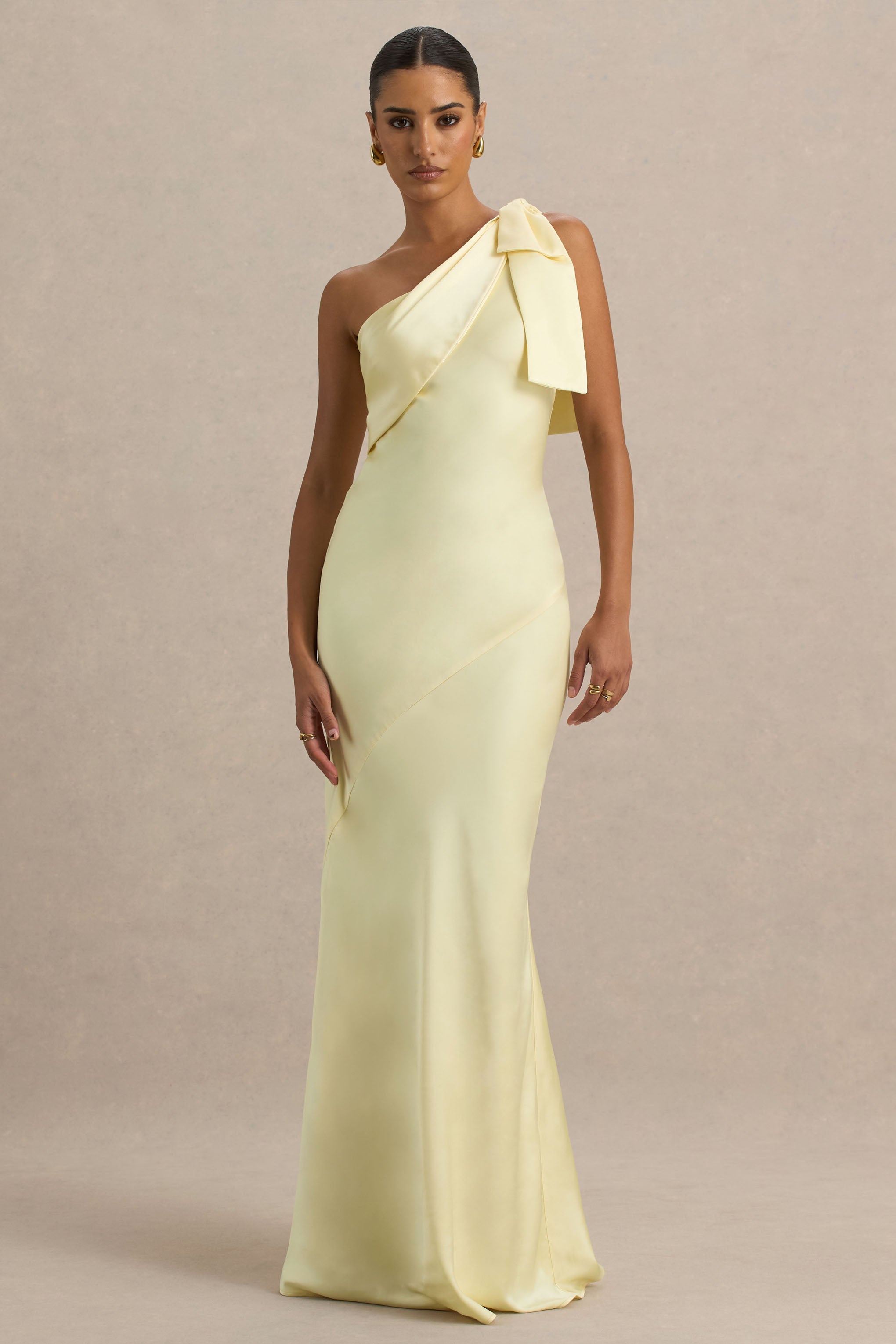 Valerie | Lemon Satin Asymmetric-Neck Maxi Dress With Bow Detail