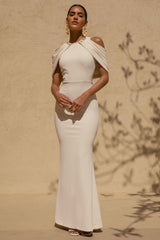 Yulia | Sand High-Neck Maxi Dress With Cape Sleeves