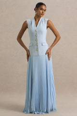 Heavenly | Powder Blue High Neck Maxi Dress With Pleated Detailing