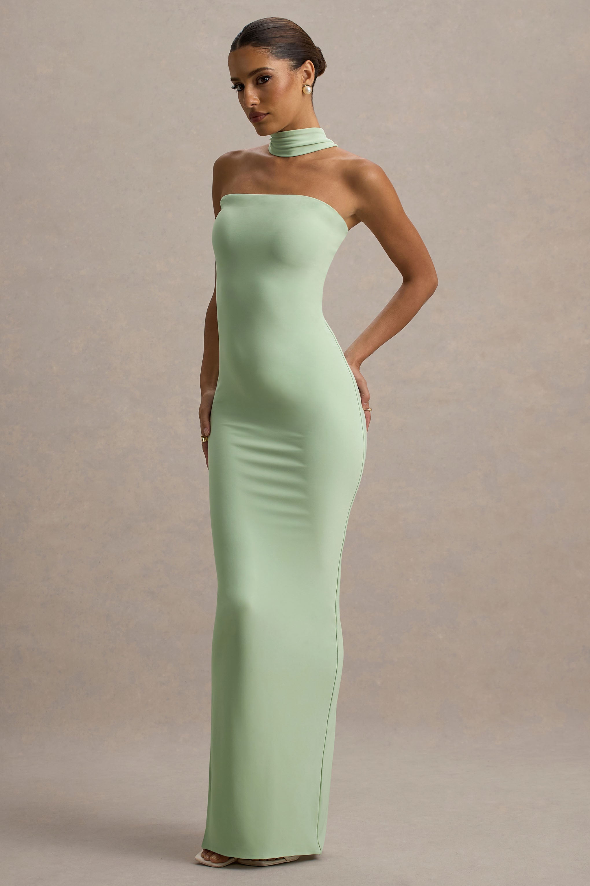 Nobu | Light Green Bandeau Maxi Dress With Halter-Collar