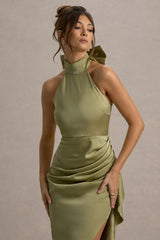 Maureen | Light Green Satin High-Neck Draped Maxi Dress