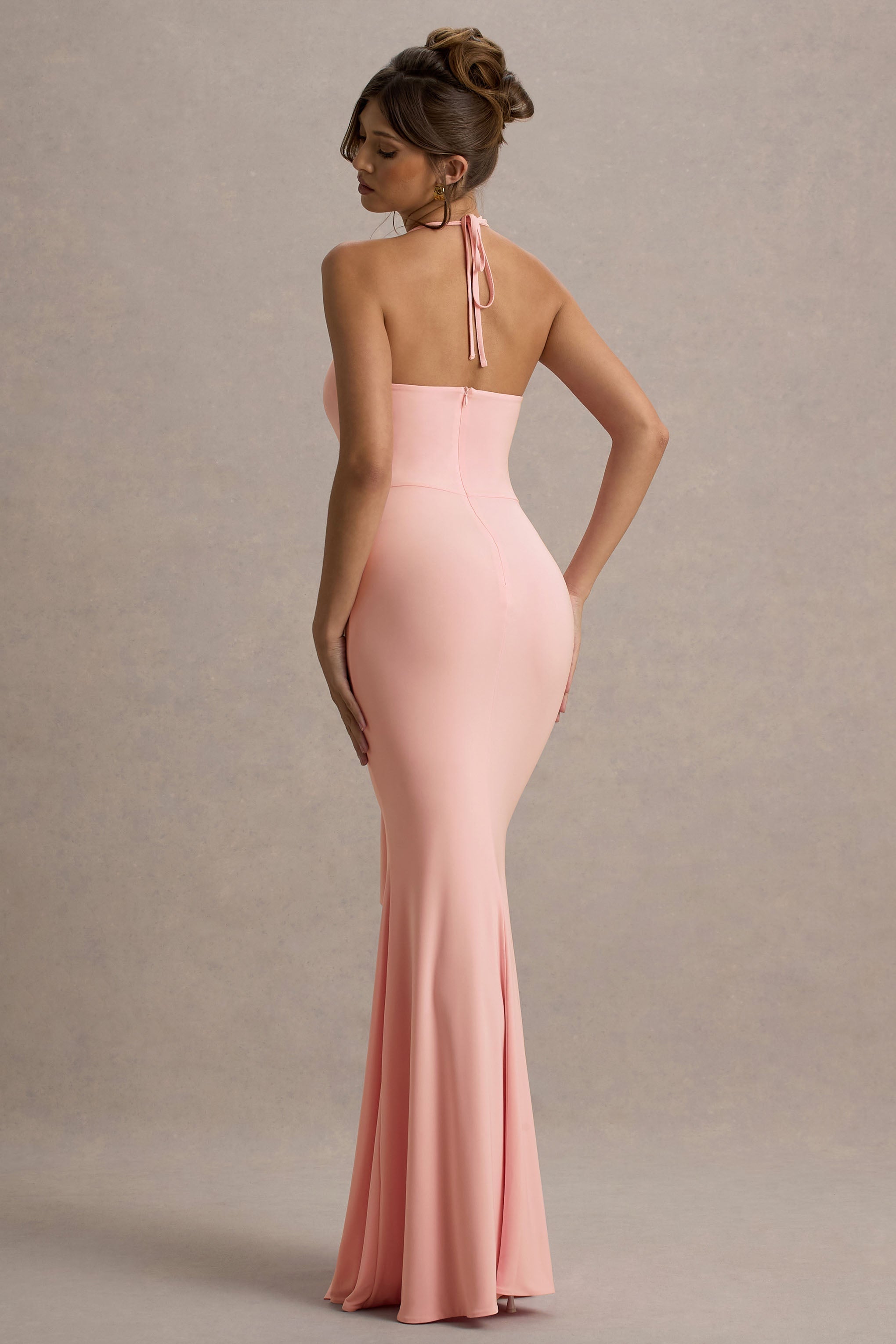 Lucena | Pink Cowl-Neck Wrap Maxi Dress With Floral Drape
