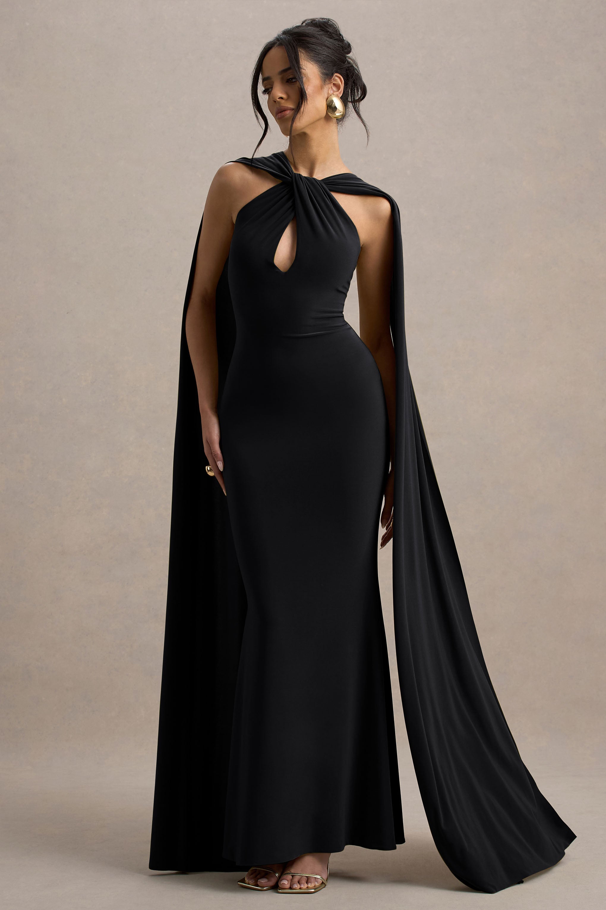 Rhoda | Black Twist Halter-Neck Cape Maxi Dress