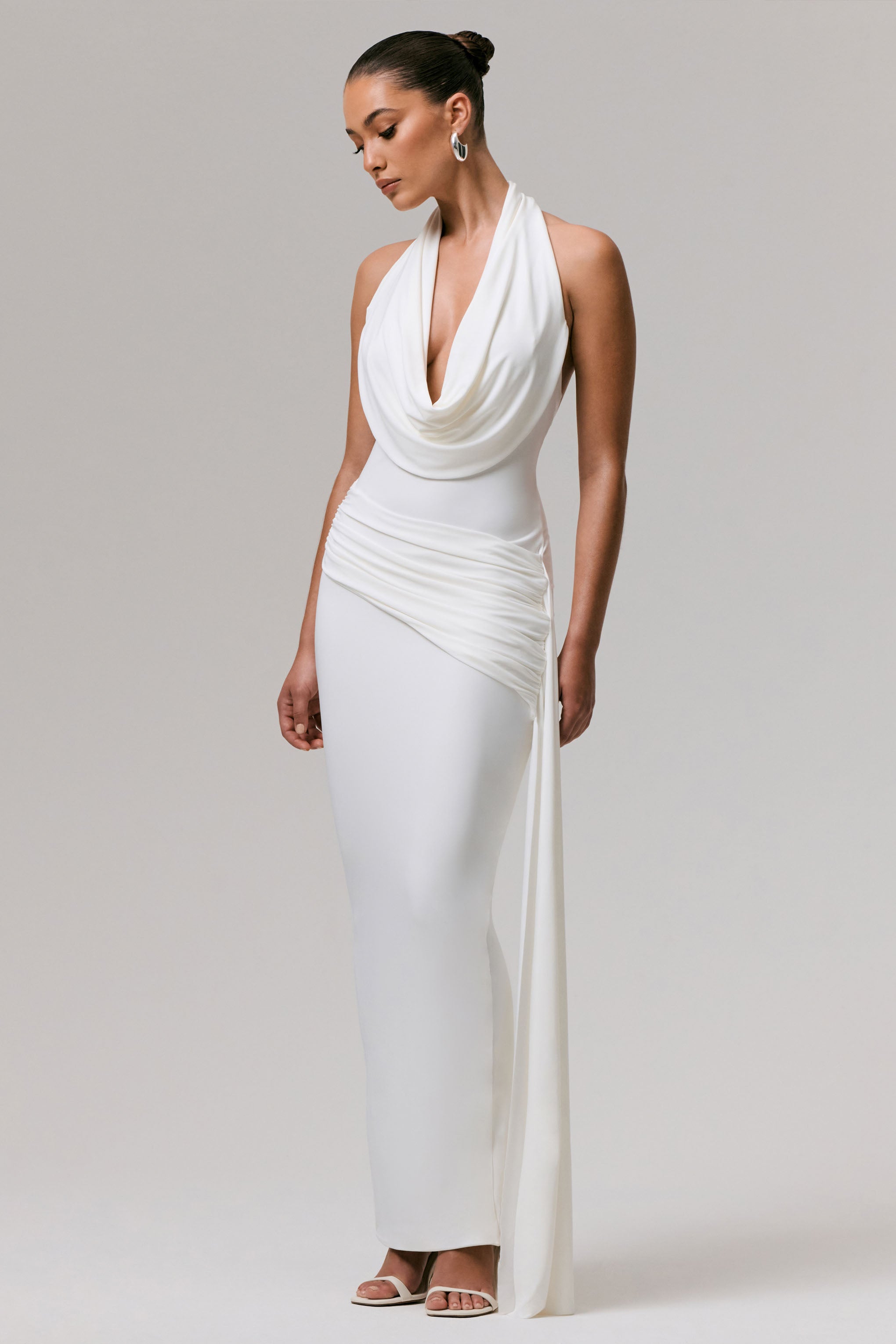 Maude | White Plunge-Neck Ruched Maxi Dress With Sash