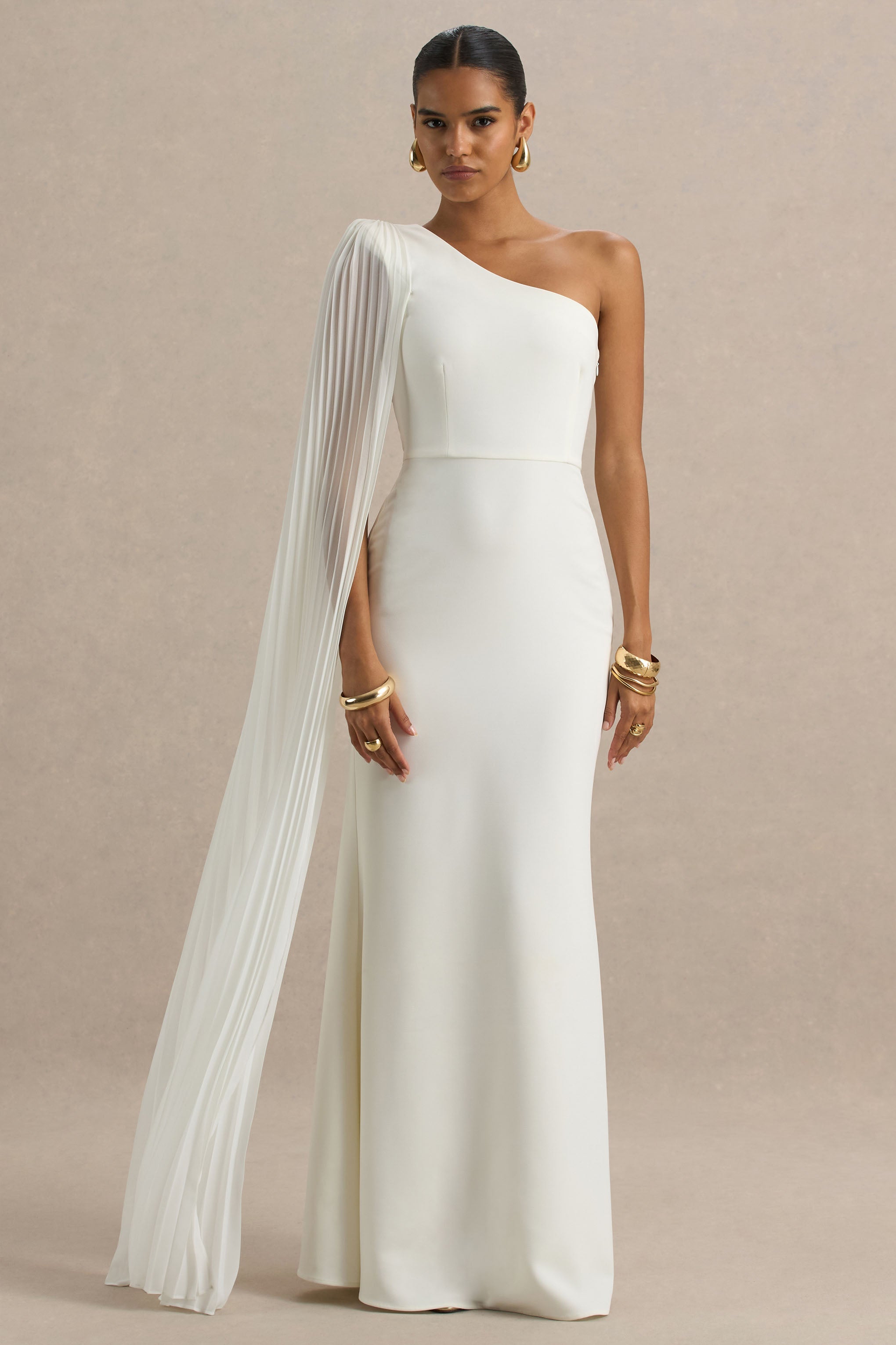 Athens | White Asymmetric-Neck Maxi Dress With Cape Sleeve Detail