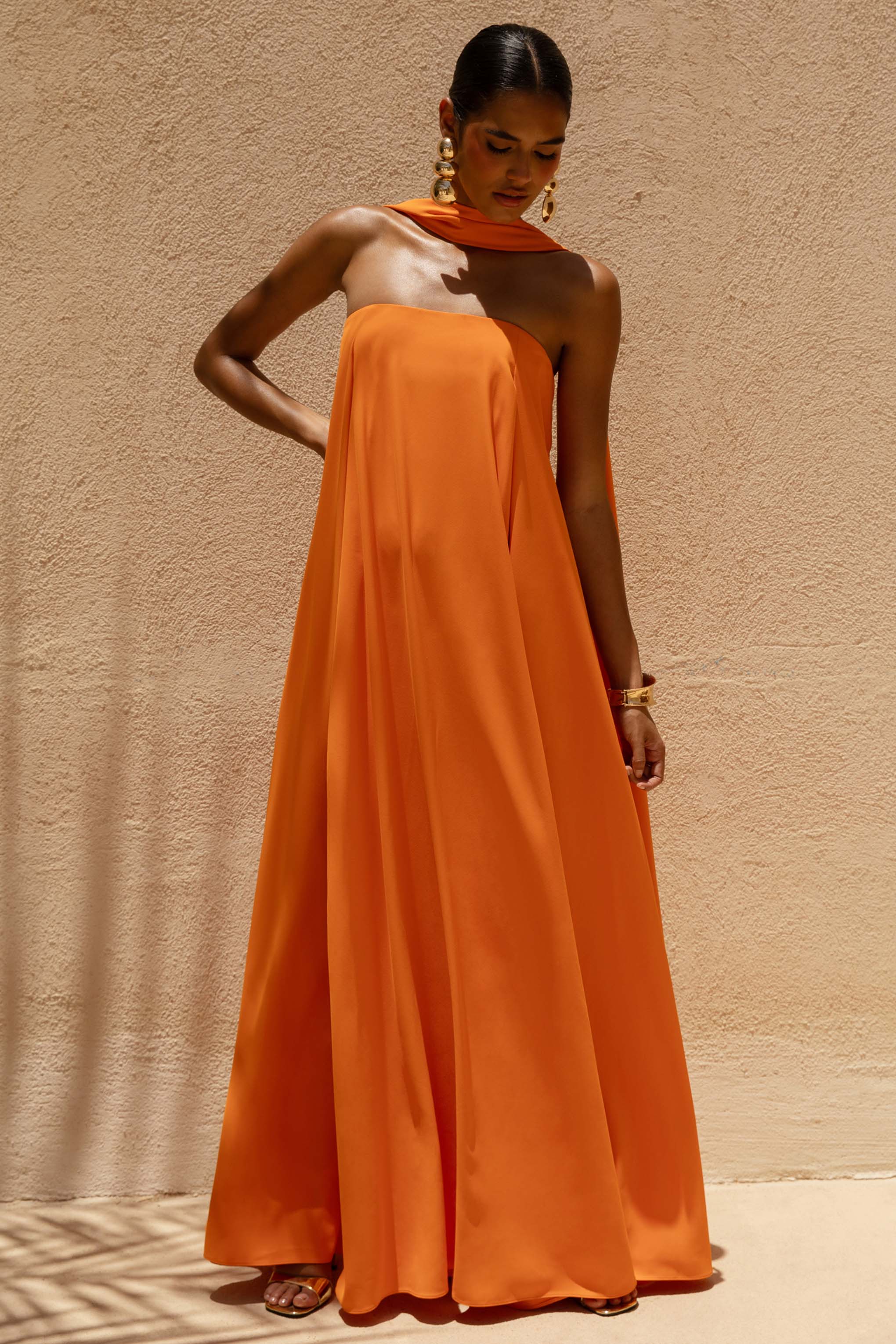 Cerise | Orange High-Neck Maxi Dress With Open-Back