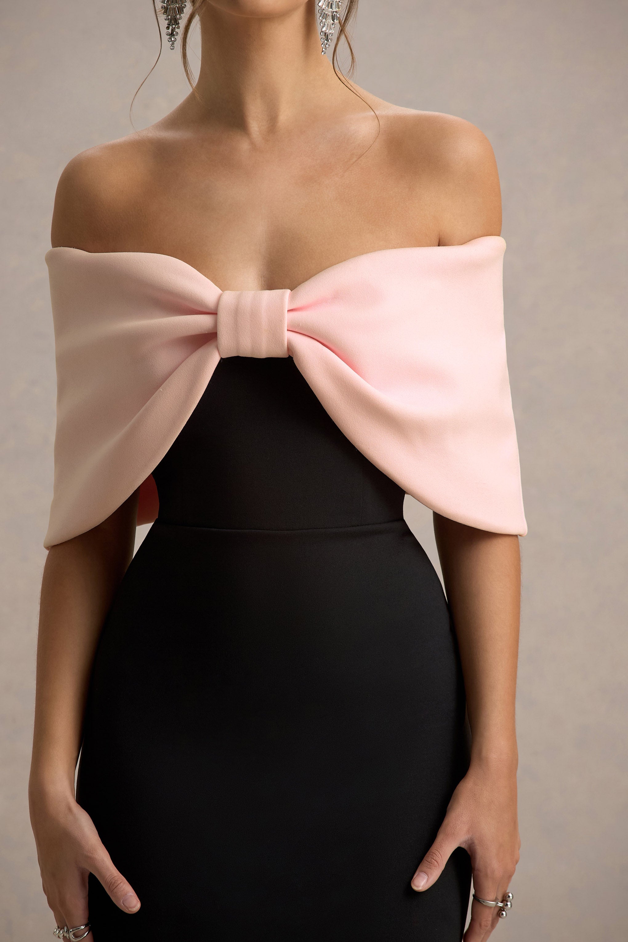 Sadie | Black & Pink Bow Bardot Mini Dress