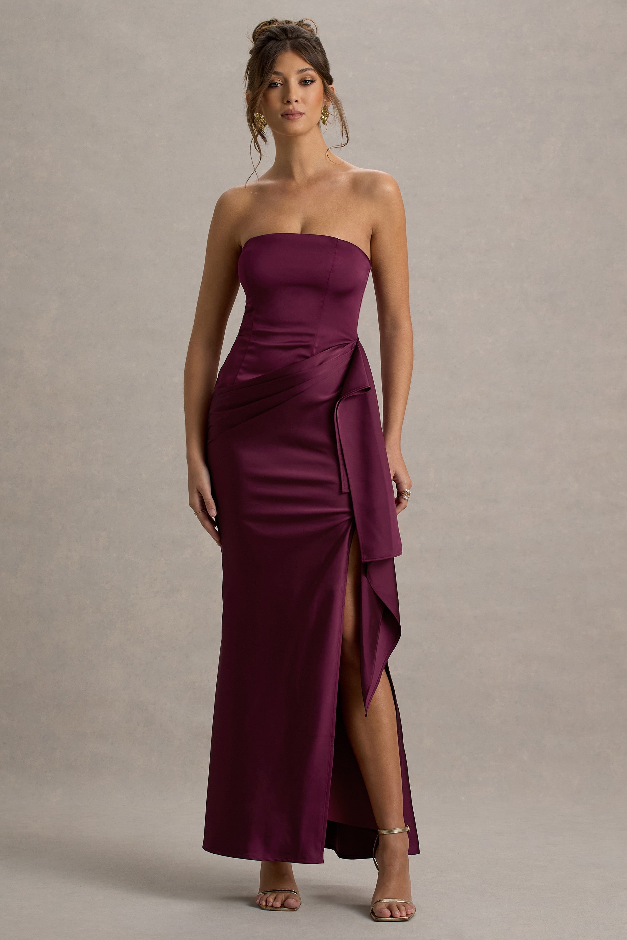 Loz | Burgundy Satin Bandeau Draped Maxi Dress