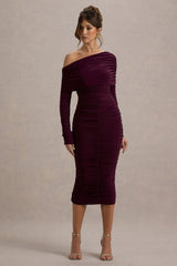 Sinclair | Plum Ruched One-Shoulder Bodycon Midi Dress