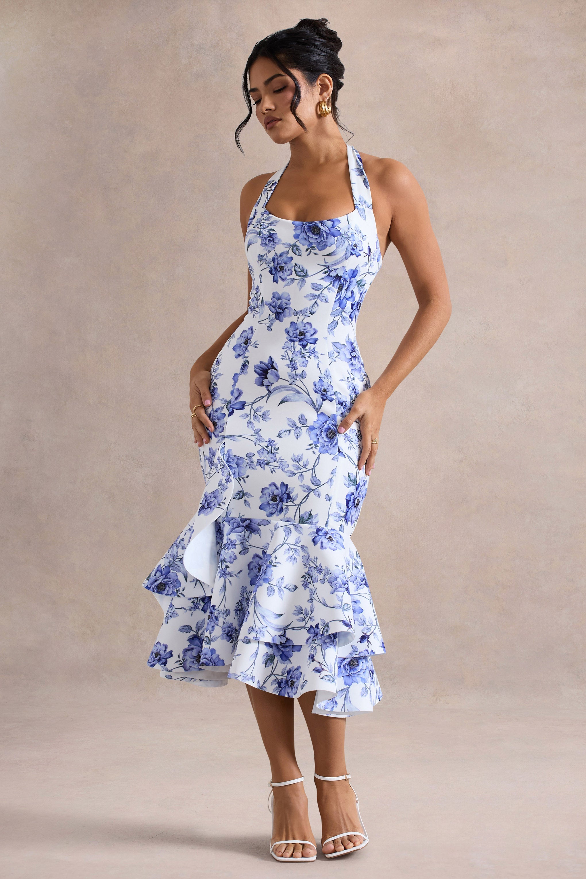 Arla | Blue Floral Halter-Neck Ruffle Trim Midi Dress