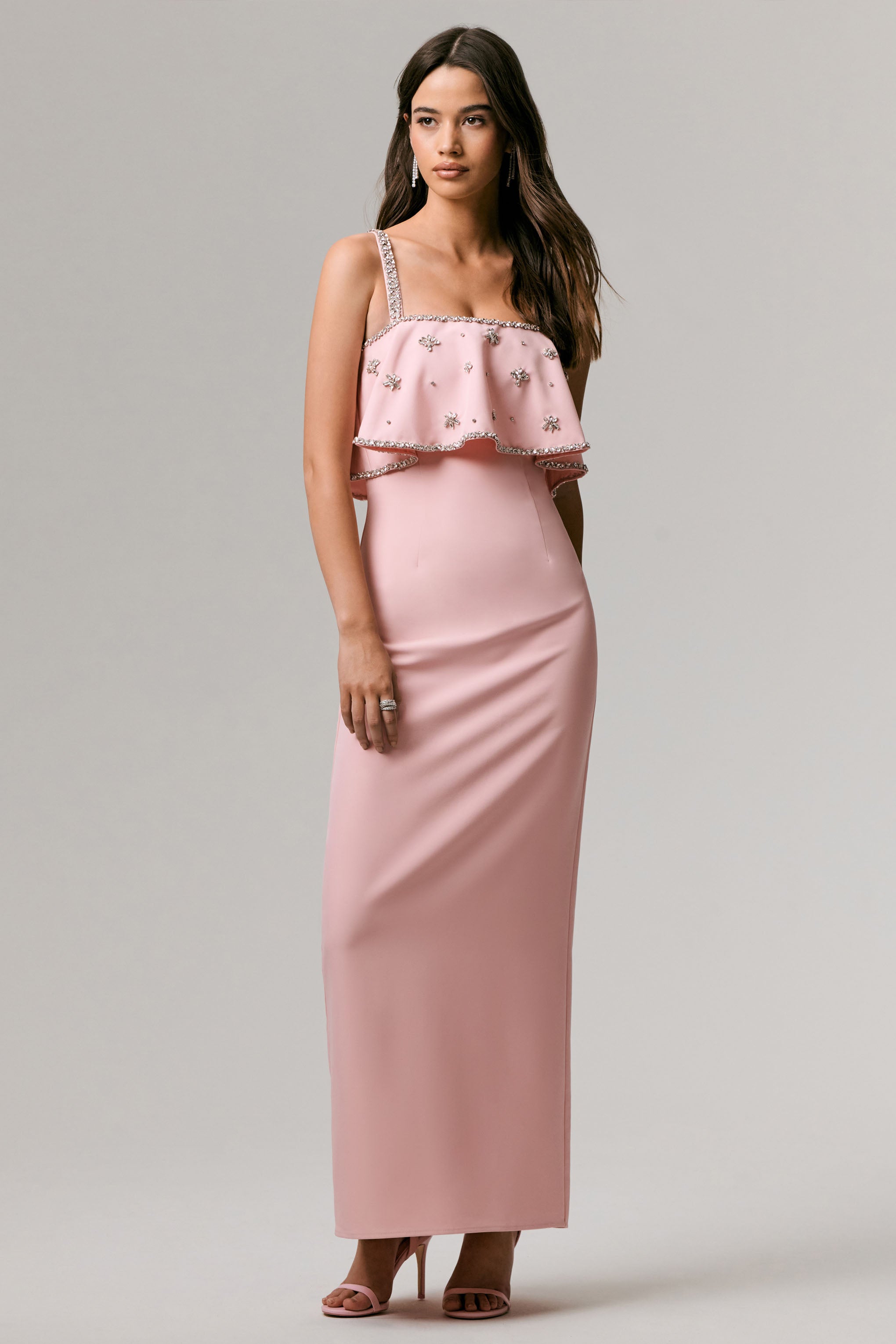 Scarlet | Pale Pink Square-Neck Embellished Maxi Dress