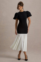 Cinzia | Black & White Puff-Sleeve Volume-Hem Midi Dress