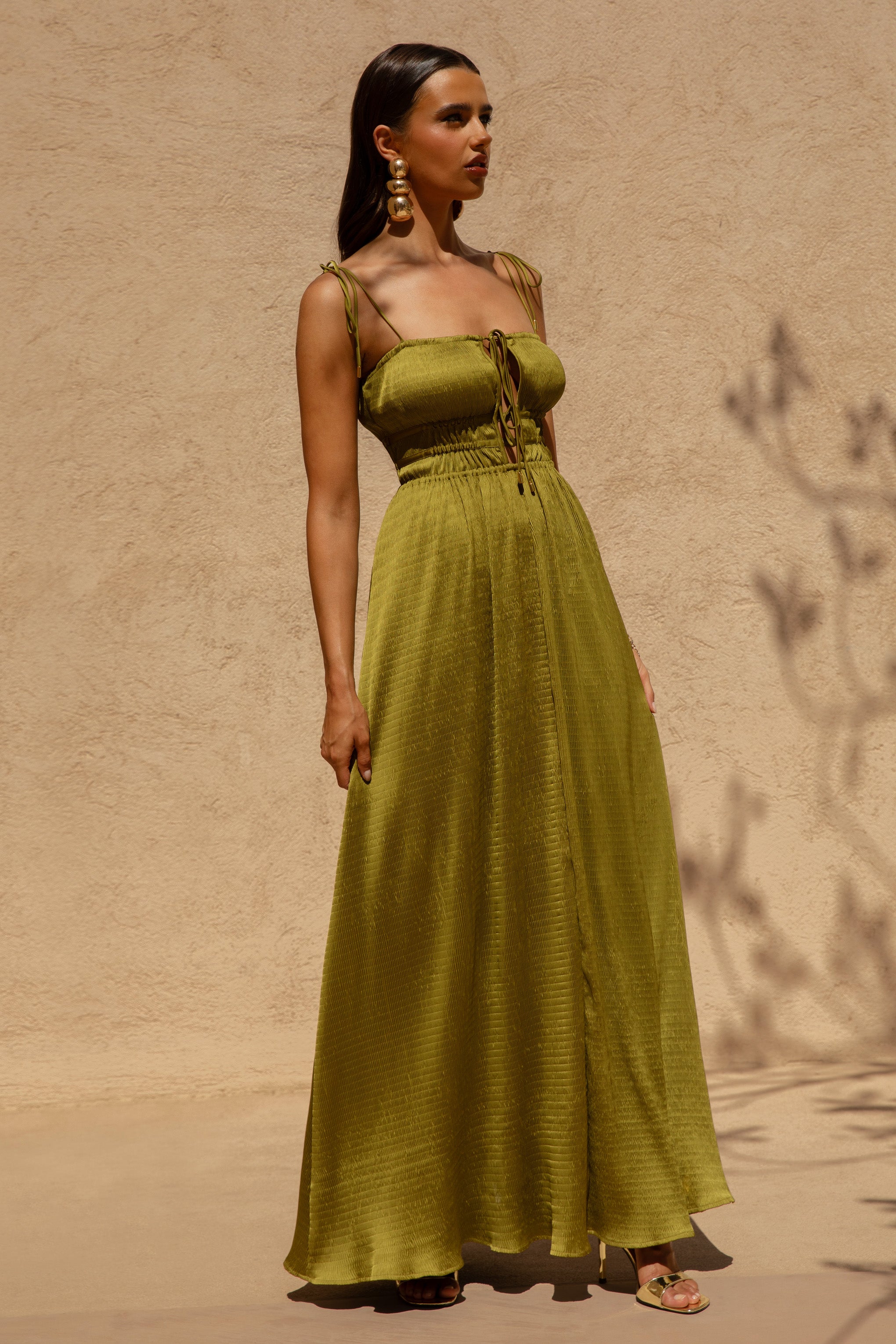Azalea | Green Square-Neck Maxi Dress With Chest Cut-Out And Pleated Detailing