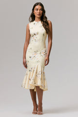 Priceless | Lemon Print High-Neck Fishtail Midi Dress