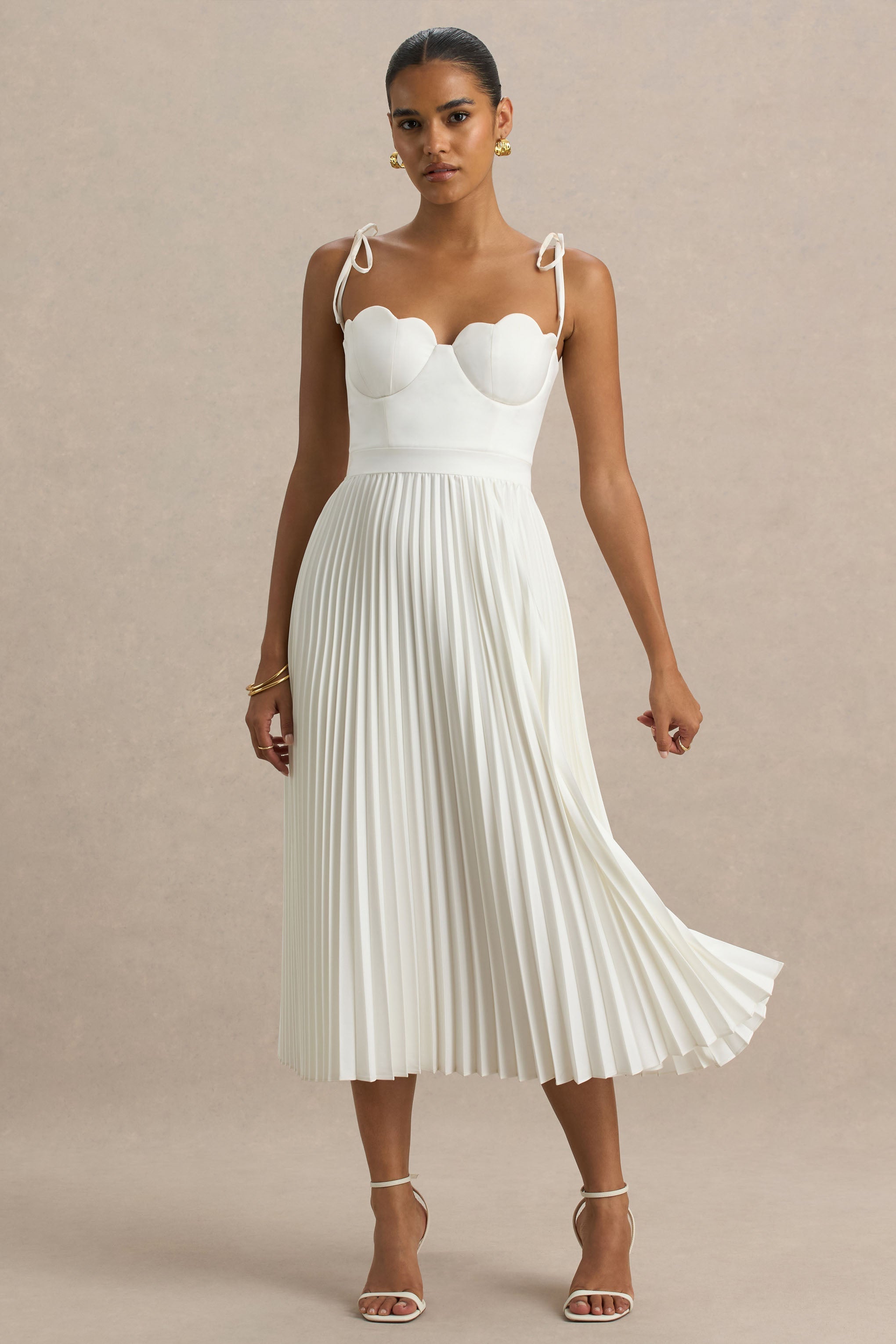 Agua | Cream Satin Sweetheart Midi Dress With Pleated Skirt