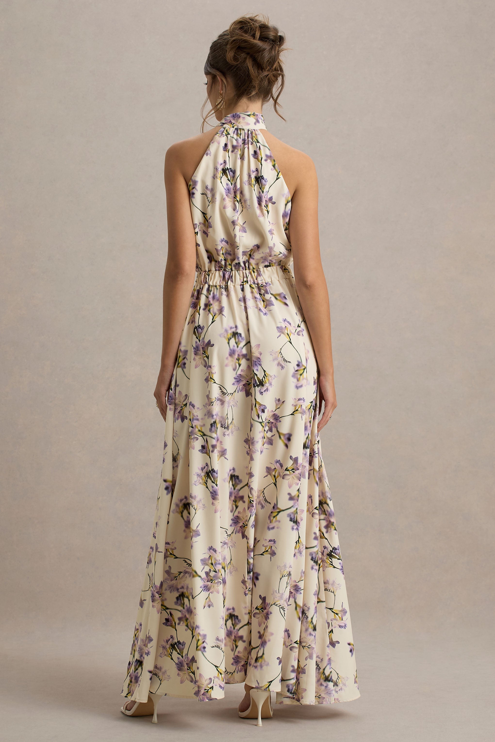 Talia | Lemon Floral Print High-Neck Split Maxi Dress With Bow