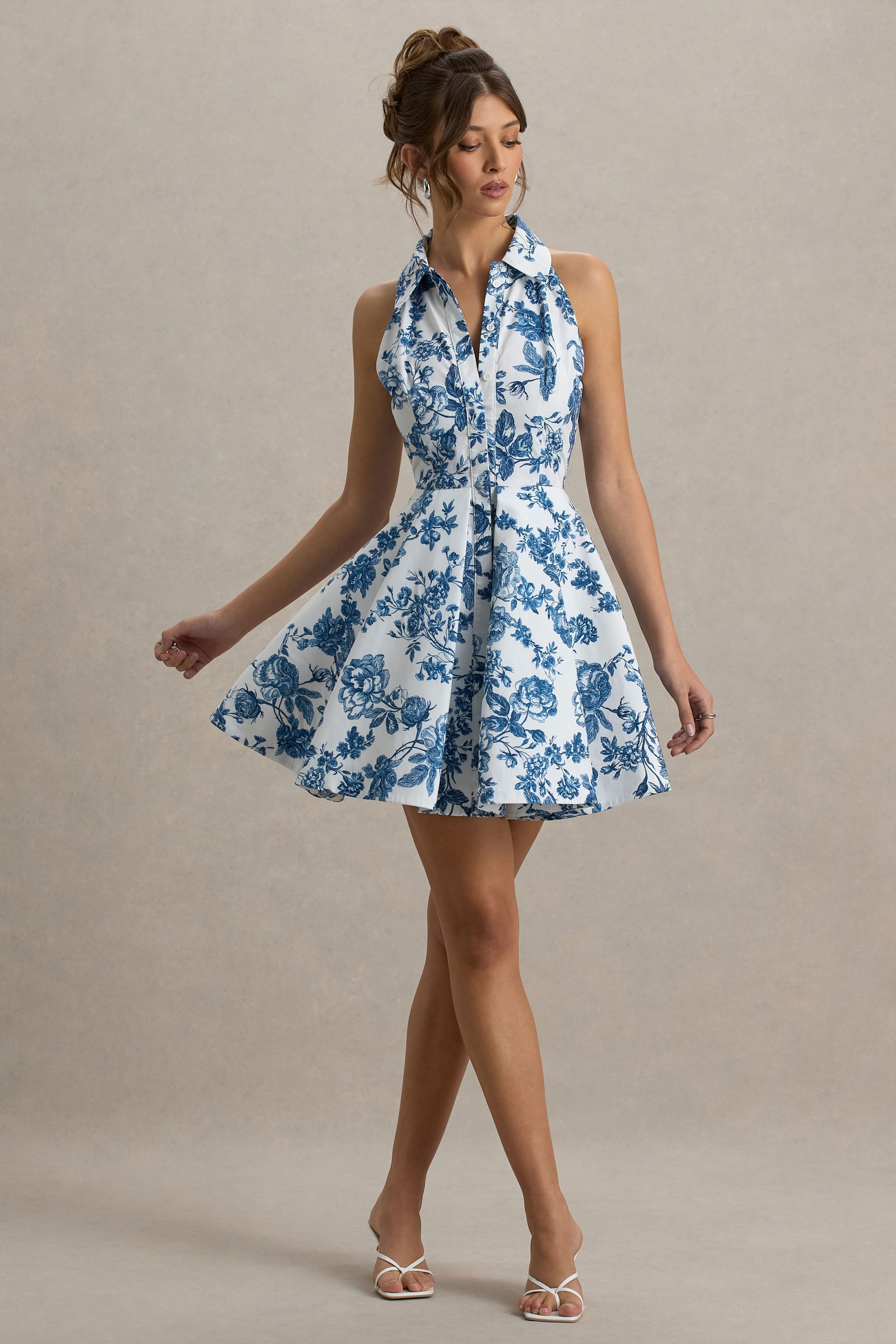 Paulie | Blue Porcelain Print Poplin Skater Mini Dress
