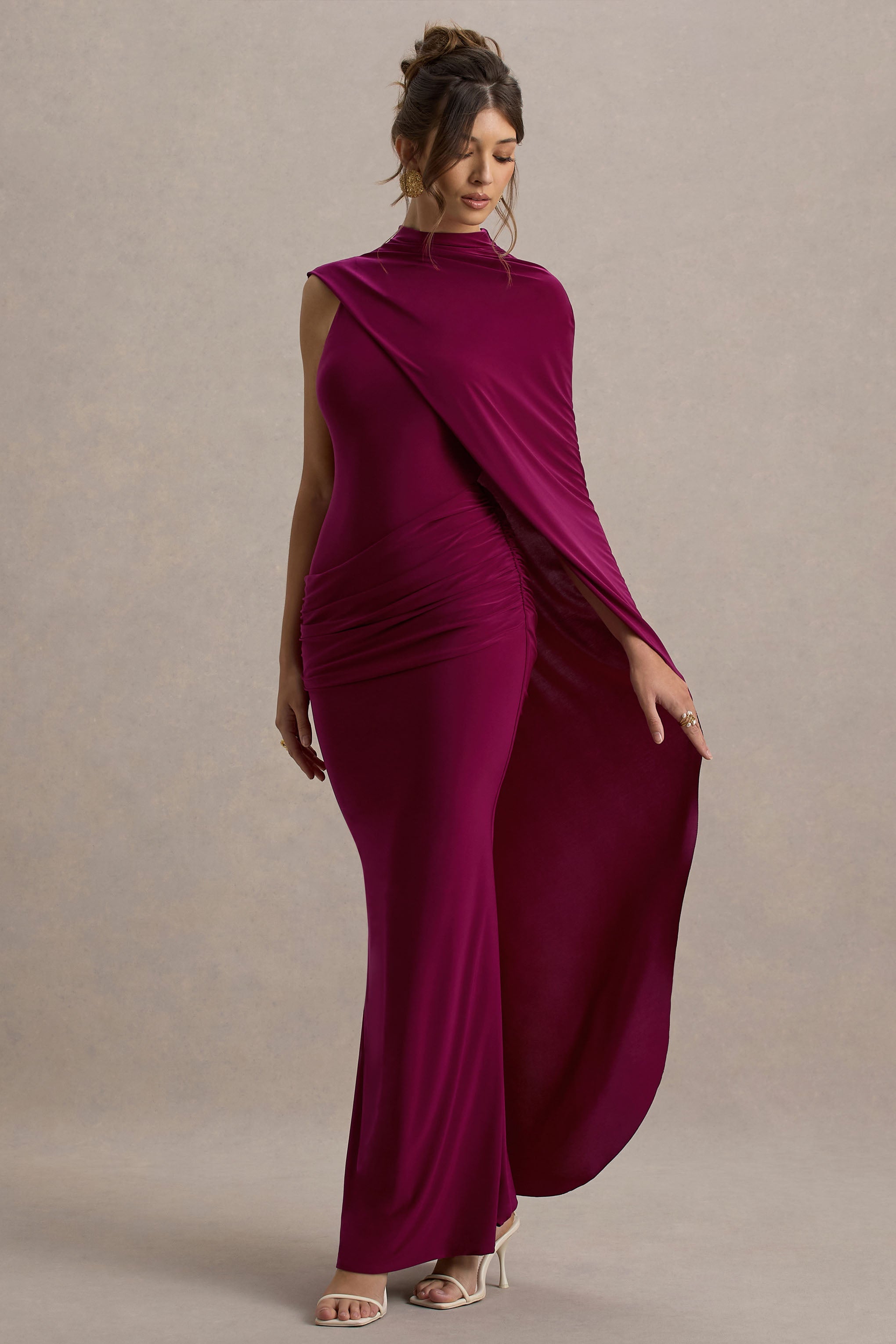 Maeve | Burgundy Cape-Sleeve Draped Maxi Dress