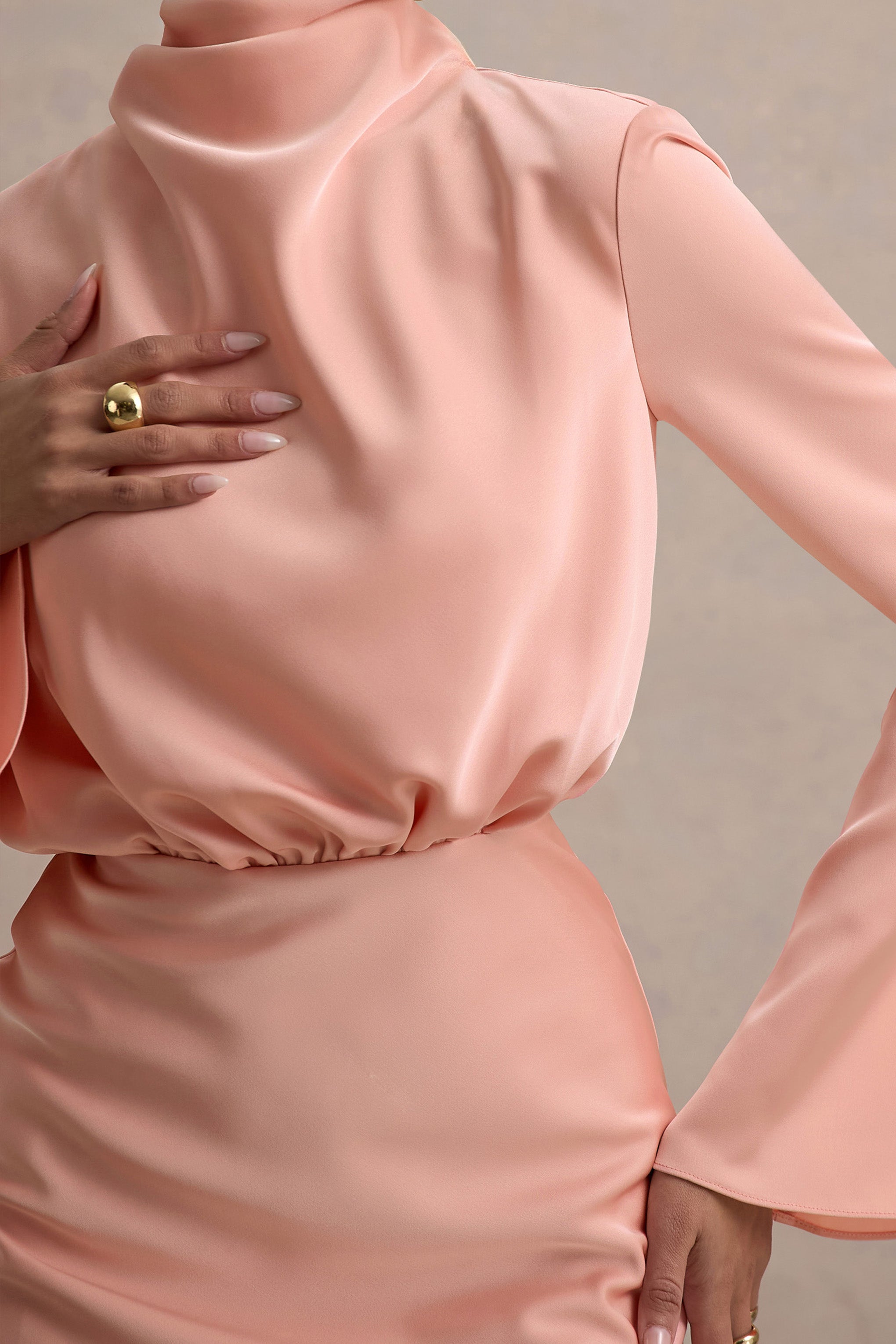 Celina | Light Pink Satin High-Neck Maxi Dress